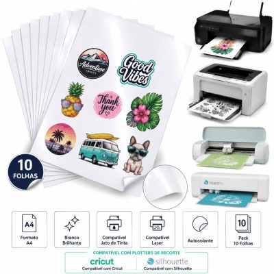Folhas de vinil branco brilhante autocolante p/ Jato de Tinta e Laser A4 - 10 folhas
