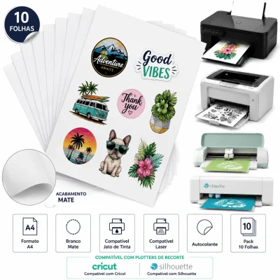 Folhas de vinil Mate Autocolante p/ Jato de Tinta e Laser à Prova de Água A4 - 10 folhas